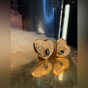 Vintage Lanvin Germany Gold Plated Stamped Blue Crystal Heart Earrings
